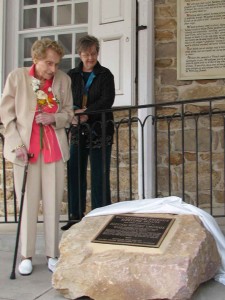 In April 2009, the late Margaret Bye Ritchie (left) and longtime member Pat Iyer admired the stone-cast plaque denoting Buckingham Quaker Meeting as a national historic landmark.