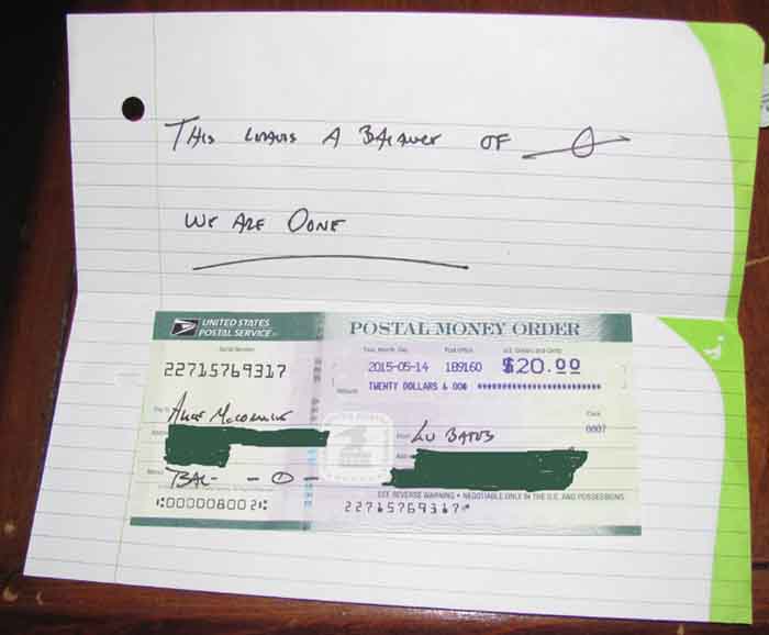 handwritten note and money order